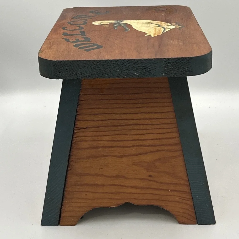 Vtg Wooden Step Stool Hand Painted Duck Welcome Country Farmhouse Cottage Core